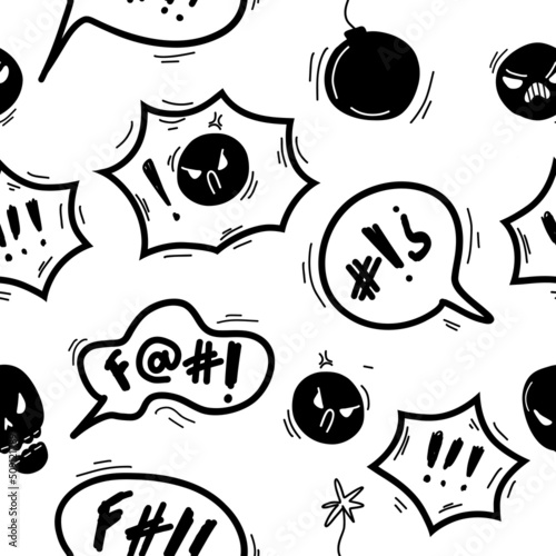 Swear angry doodle seamless pattern. Sketch hand drawn speech bubble with swear words symbols. Comic speech bubble with curses, lightning. Angry screaming face emoji. Vector illustration on white.