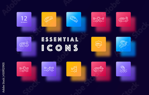 Accident set icon. Car crash, failure, emergency, breakdown, wreck, precipice, descent, fallen tree, smoke, fire, collision. Traffic rules concept. Glassmorphism style. Vector line icon for Business