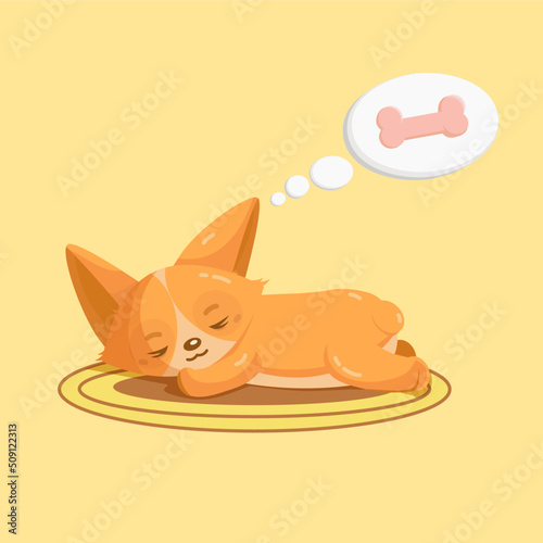 A corgi sleeps on a rug and dreams about a bone or something tasty, yellow background