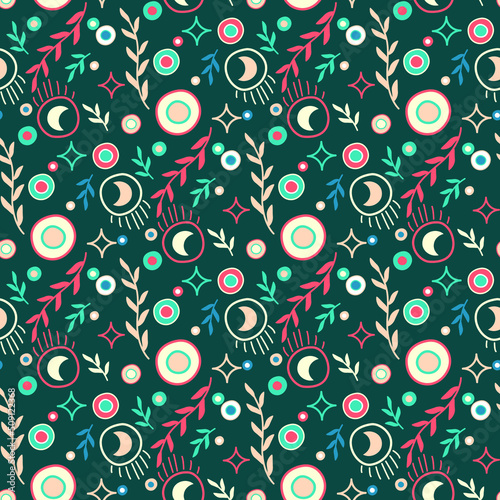 seamless pattern eastern motif with colorful circles and plants