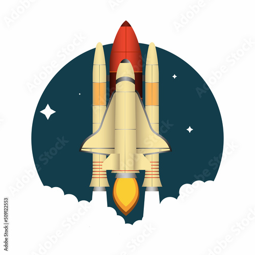 Spaceship and rocket and journey illustration. Travel technology and space. Flying and launching a shuttle in the sky, the speed is like that of a star. Space design. Isolated design. Vector