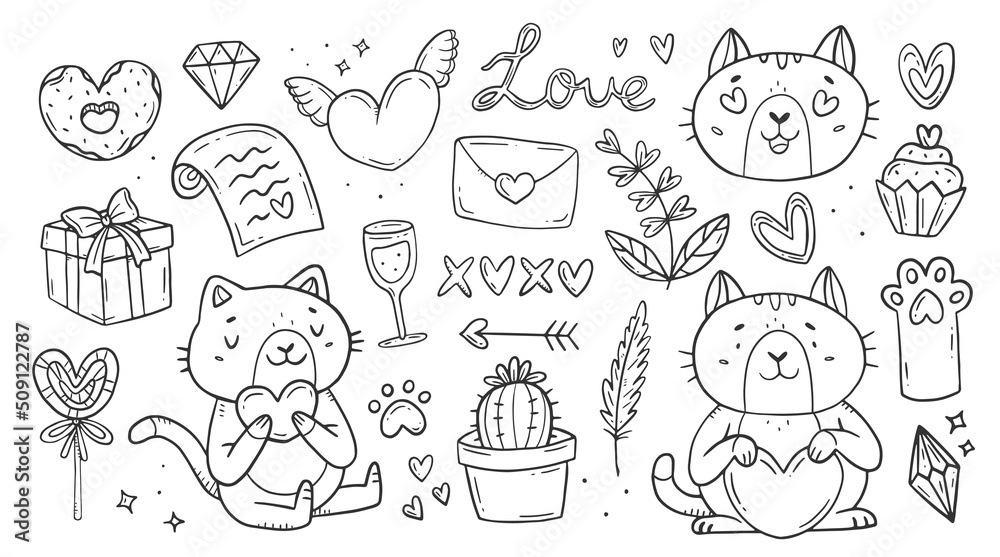 Hand drawn love doodle set. Collection of love elements. Cats with hearts. Valentine's day. Vector isolated love illustration. Hand drawn love doodle set. Collection of love elements. Cats with hearts. Valentine's day. Vector isolated love illustration.