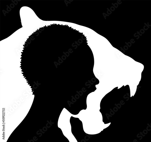 Profile head silhouette of angry woman with short hairstyle, superimposed on silhouette of roaring lioness. African American screaming woman.