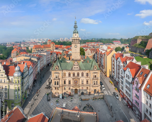 Klodzko, Poland. Aerial view of historic Town Hall located on Market square photo