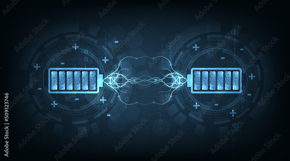 Electrical energy source concept.Discharged and fully charged battery on dark blue background.Energy Efficiency, Vector illustration. - obrazy, fototapety, plakaty 