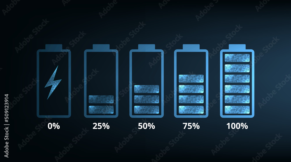 Concept of Battery charge indicator icons from blank to fully charged ...