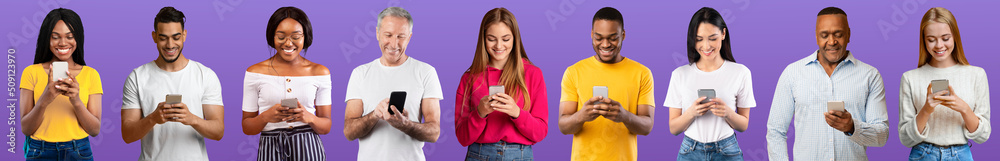 Online Communication. Group Of Multiethnic People Messaging On Smartphones Over Purple Background Online Communication. Group Of Multiethnic People Messaging On Smartphones Over Purple Background