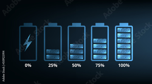 Concept of Battery charge indicator icons from blank to fully charged. Battery cells symbols.Energy Efficiency, Vector illustration.