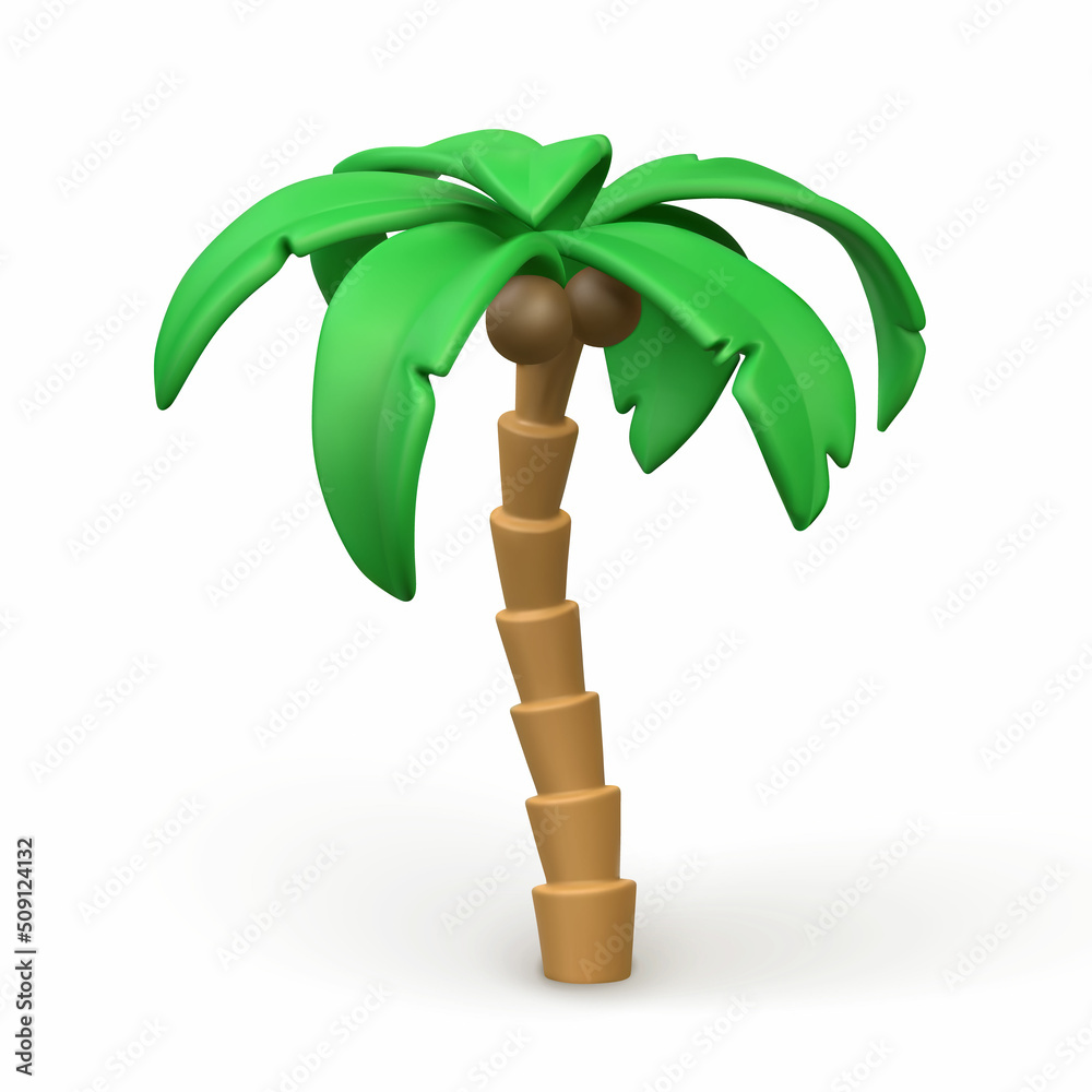3D Cute cartoon tropical palm tree. Realistic jungle tree on white