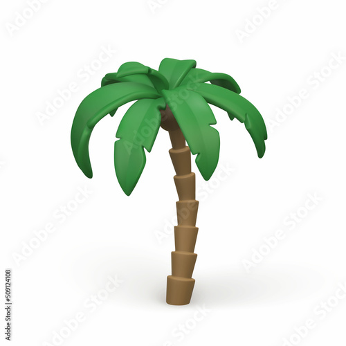 3D Cute cartoon tropical palm tree. Realistic jungle tree on white background. Summertime object. Vector illustration