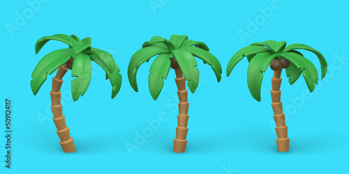 3D Cute cartoon tropical palm tree. Realistic jungle tree on blue background. Summertime object. Vector illustration