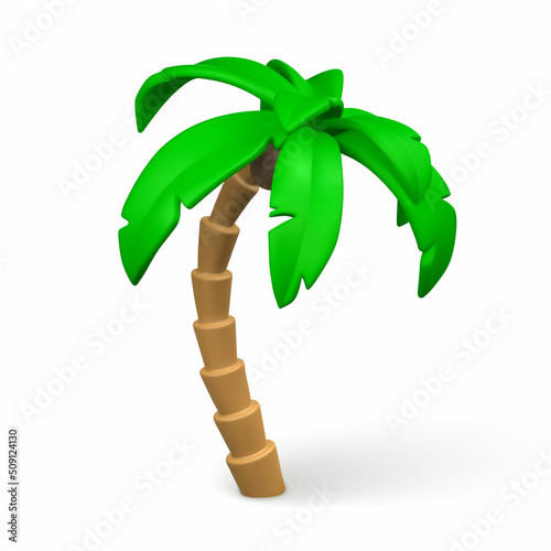 3D Cute cartoon tropical palm tree. Realistic jungle tree on white background. Summertime object. Vector illustration