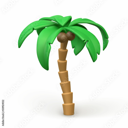 3D Cute cartoon tropical palm tree. Realistic jungle tree on white background. Summertime object. Vector illustration