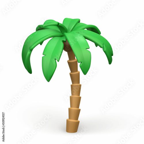 3D Cute cartoon tropical palm tree. Realistic jungle tree on white background. Summertime object. Vector illustration