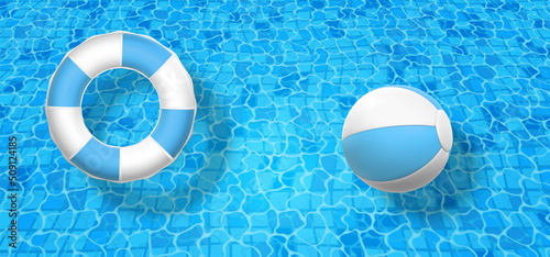 3D Swim ring and swim ball on the blue water background. Top view summer time symbol on ocean, sea, pool background. Vector illustration