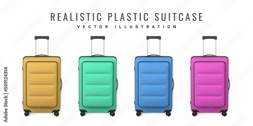 3D travel trolley bag front wiev. Realistic plastic suitcase. Tourism ...