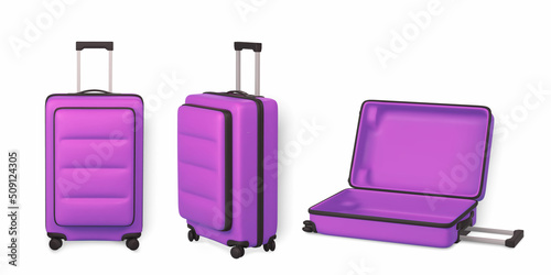 3D travel trolley bag in diferent wiev. Realistic plastic suitcase. Tourism symbol isolated on white background. Vector illustration