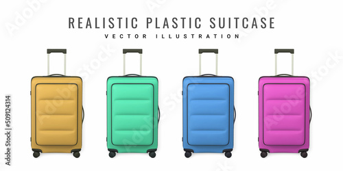 3D travel trolley bag front wiev. Realistic plastic suitcase. Tourism symbol isolated on white background. Vector illustration
