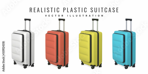 Set of 3D travel trolley bags. Realistic plastic suitcase. Tourism symbol isolated on white background. Vector illustration