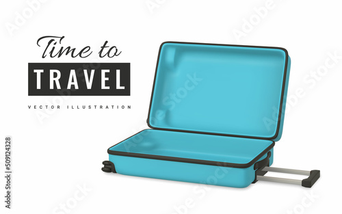 Time to travel promo banner design. 3D travel trolley bag. Realistic open plastic suitcase. Tourism symbol isolated on white background. Vector illustration