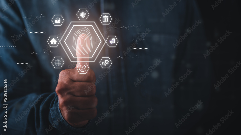 Young businessman scanning fingerprints for advanced security login, Young businessman scanning fingerprints for advanced security login,