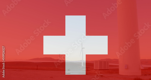 Image of flag of switzerland over wind turbine