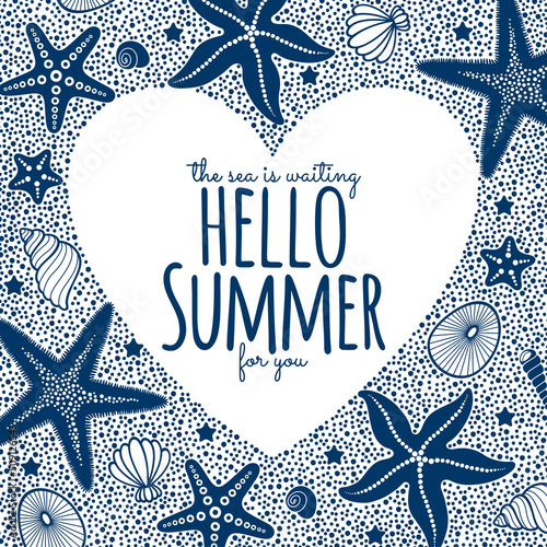 Vector starfish and shells. Postcard design on a marine theme. Perfect for invitation, cards and flyers.