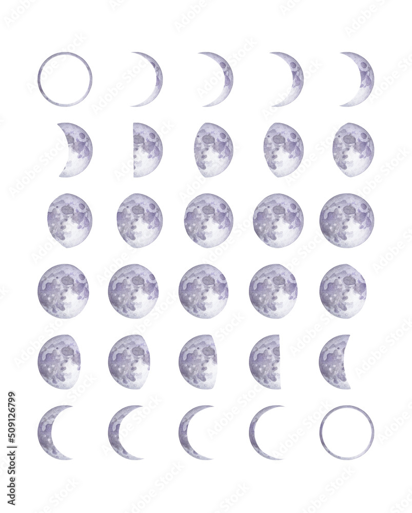 Watercolor Moon Calendar Moon Phases On White Background Stock Watercolor Moon Calendar Moon Phases On White Background Stock