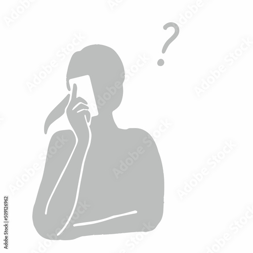 スマホでの連絡で疑問を感じている女性のシルエットイラスト　グレー