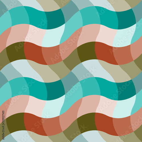Abstract geometric seamless pattern. Brown, blue and red gradient shifting waves. For textile, paper, web design