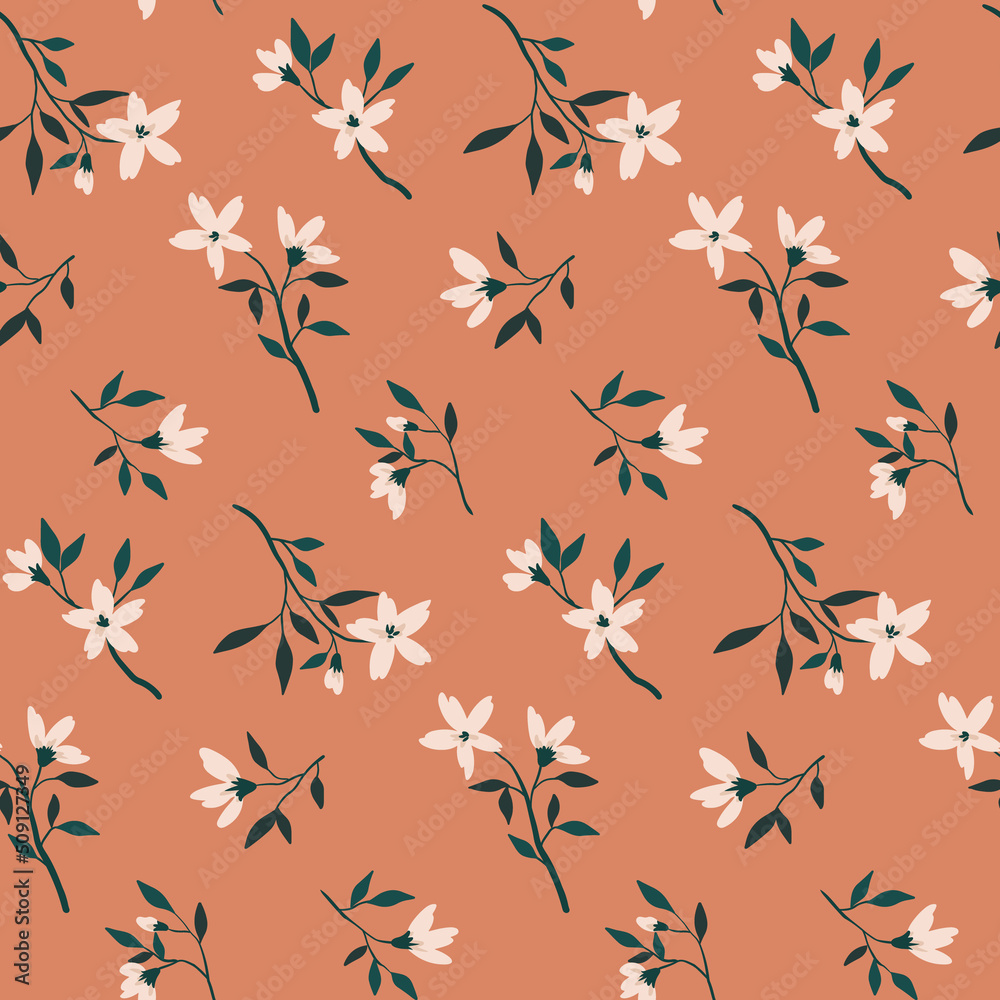 Seamless pattern, gentle floral background with small hand drawn flowers branches on a pink surface. Botanical print with blooming twigs in free composition. Vector illustration. Seamless pattern, gentle floral background with small hand drawn flowers branches on a pink surface. Botanical print with blooming twigs in free composition. Vector illustration.