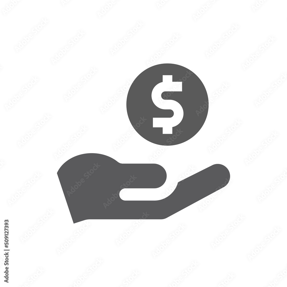 Hand and dollar coin black vector icon. Money, finance and payment filled symbol. Hand and dollar coin black vector icon. Money, finance and payment filled symbol.