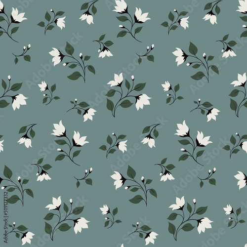 Seamless pattern with small flower branches on a blue field. Rustic ditsy print, gentle floral background with hand drawn flowers, leaves on branches. Vector illustration.