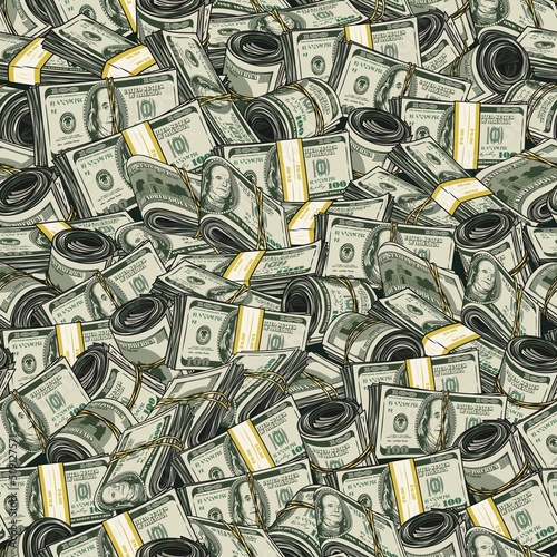 Money seamless pattern with dollar wads, rolls, stacks. 100 US dollar banknotes. Huge amount of money. Messy dense composition. Detailed vintage vector illustration.