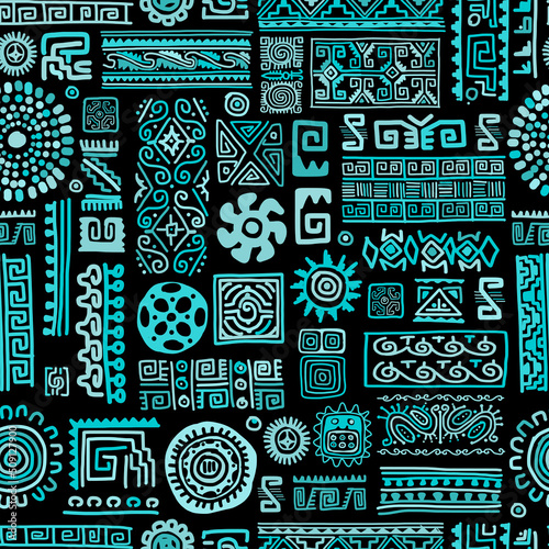 Ethnic handmade turquoise ornament, seamless pattern
