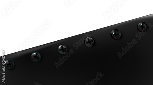 Background from sheet painted metal. Black realistic metallic bluing steel backdrop. Blued bolts. Vector