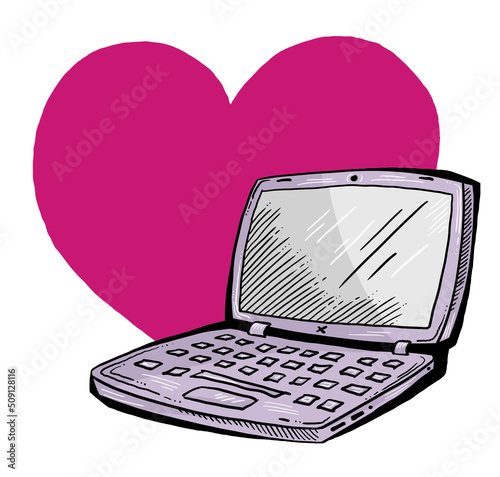 Laptop computer with heart for remote work at home office or romantic dating platform. Line art retro vintage hand drawn isolated colourful illustration. Cartoon style drawing.