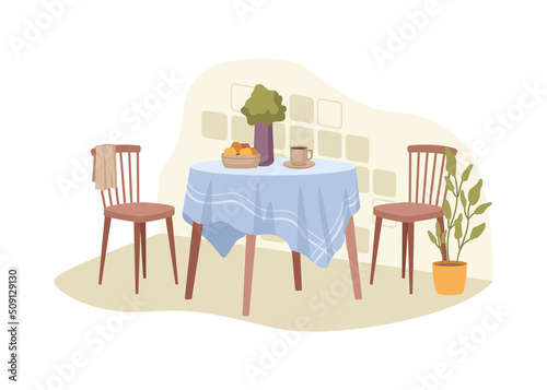 Interior design of kitchen, dining table and chairs, comfortable setting in home or restaurant. Vase and fruits, cup of coffee of tea. Contemporary apartment. Vector in flat style illustration