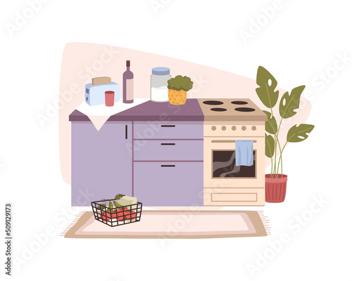 Interior of contemporary kitchen, counters and stove for cooking and preparing food and dishes. Furniture and accessories for styling home and dwelling. Vector in flat style illustration