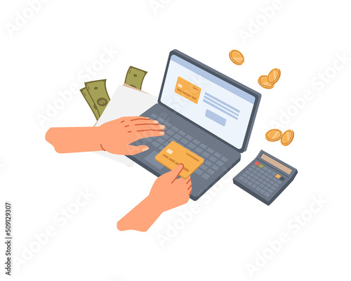 Bank card and laptop, financial operation in internet online, buying from shop and paying in web. Banking service and commerce, investment or business. Vector in flat style illustration