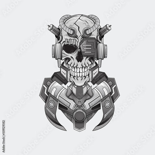 tattoos design Black and white illustration Skull head mecha cyborg