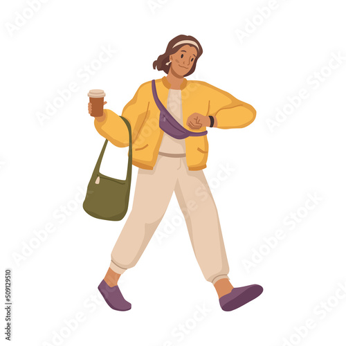 Teenage girl carrying coffee cup in hand and bag on shoulder. Being late and in a rush, students or workers hurrying for job or studies. Flat cartoon character, vector illustration