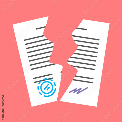 Terminated paper contract for business document with seal and signature. Employment agreement, inheritance, testament. Cancellation, rescission and anger. Flat vector isolated illustration