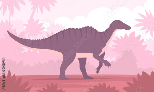 Ancient pangolin hadrosaur. Herbivorous dinosaur of the Jurassic period. Tropical forest background. Prehistoric animal and paleontology. Vector cartoon illustration