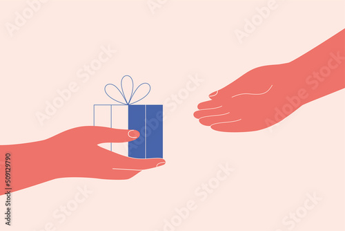 Giftbox is passing from hand to hand. Friend shares present or surprise gift for another person. Concept of celebration birthday or some anniversary. Vector illustration.