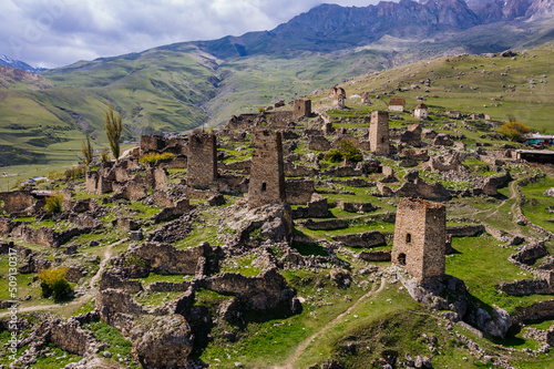 Ancient ruined medieval tower complex Tsimiti in North Ossetia, Aerial view photo