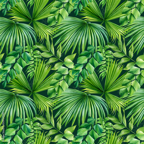 Green Seamless pattern. Tropical palm leaves on white background. 