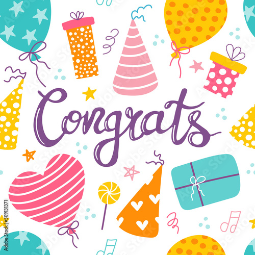 Congrats lettering with balloons, confetti and gifts, vector seamless pattern is perfect for birthday card