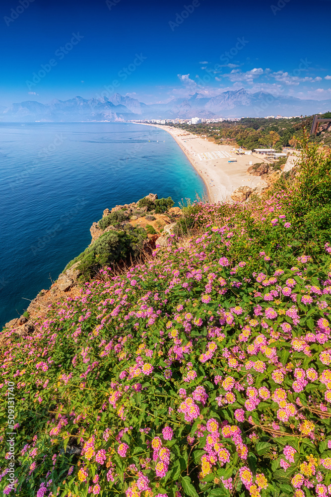 Obraz premium Flowers blooming with famous Konyaalti beach in the background. Travel destinations of Turkey and Antalya and mediterranean riviera at springtime season