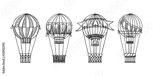 Hot air balloons flying hand drawn illustration 